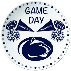 white ceramic plate with Game Day, Penn State pennants, footballs with paw prints, pompoms, and Athletic Logo